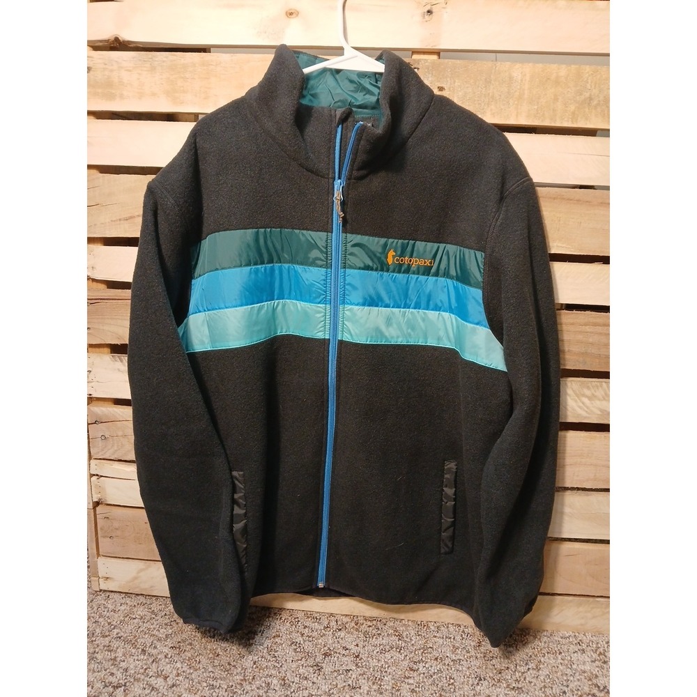 cotopaxi Black Fleece Jacket with Teal and Light Blue Stripes